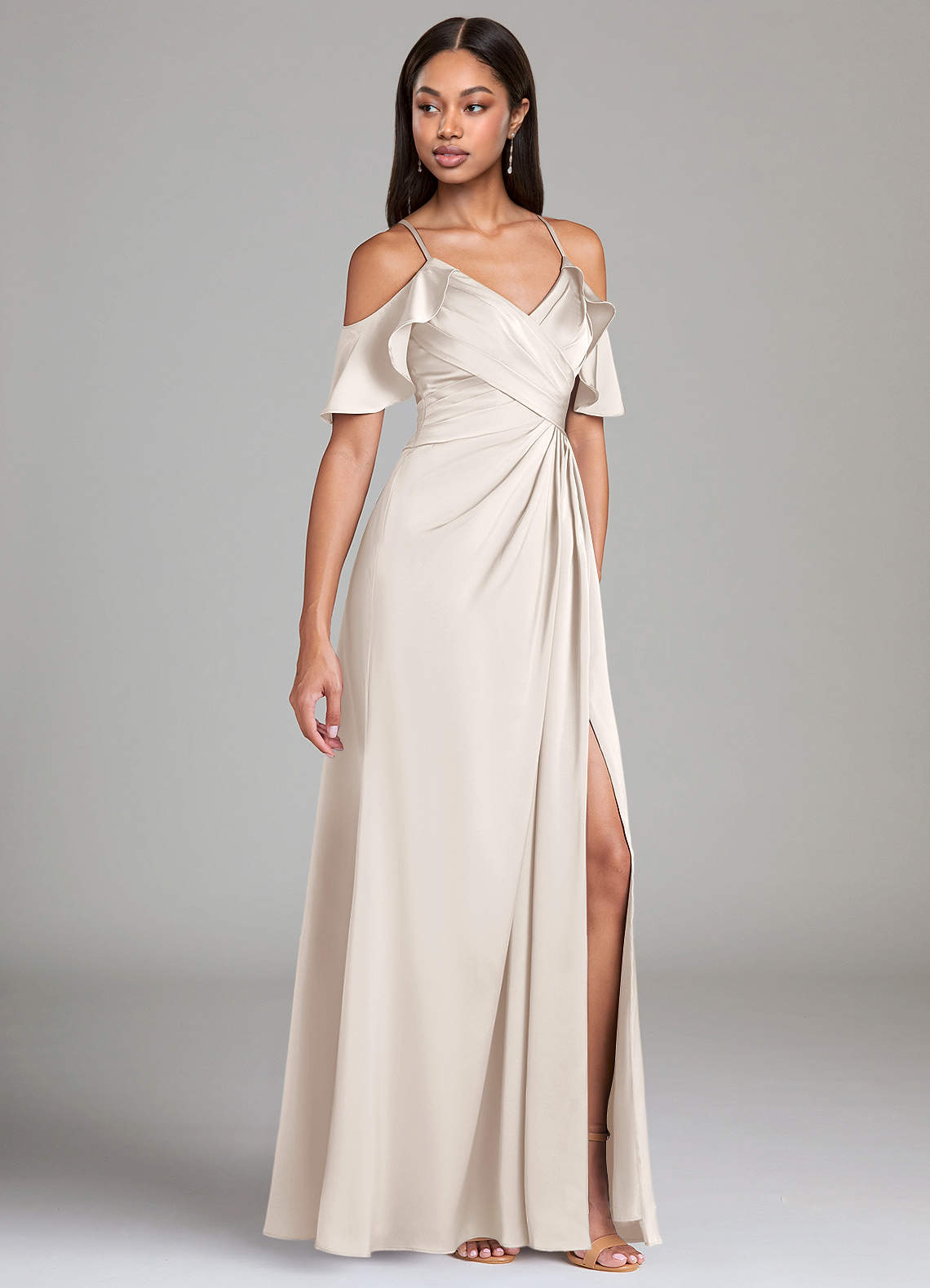 Dakota A-Line V-Neck Stretch Satin Bridesmaid Dress in White Alabaster