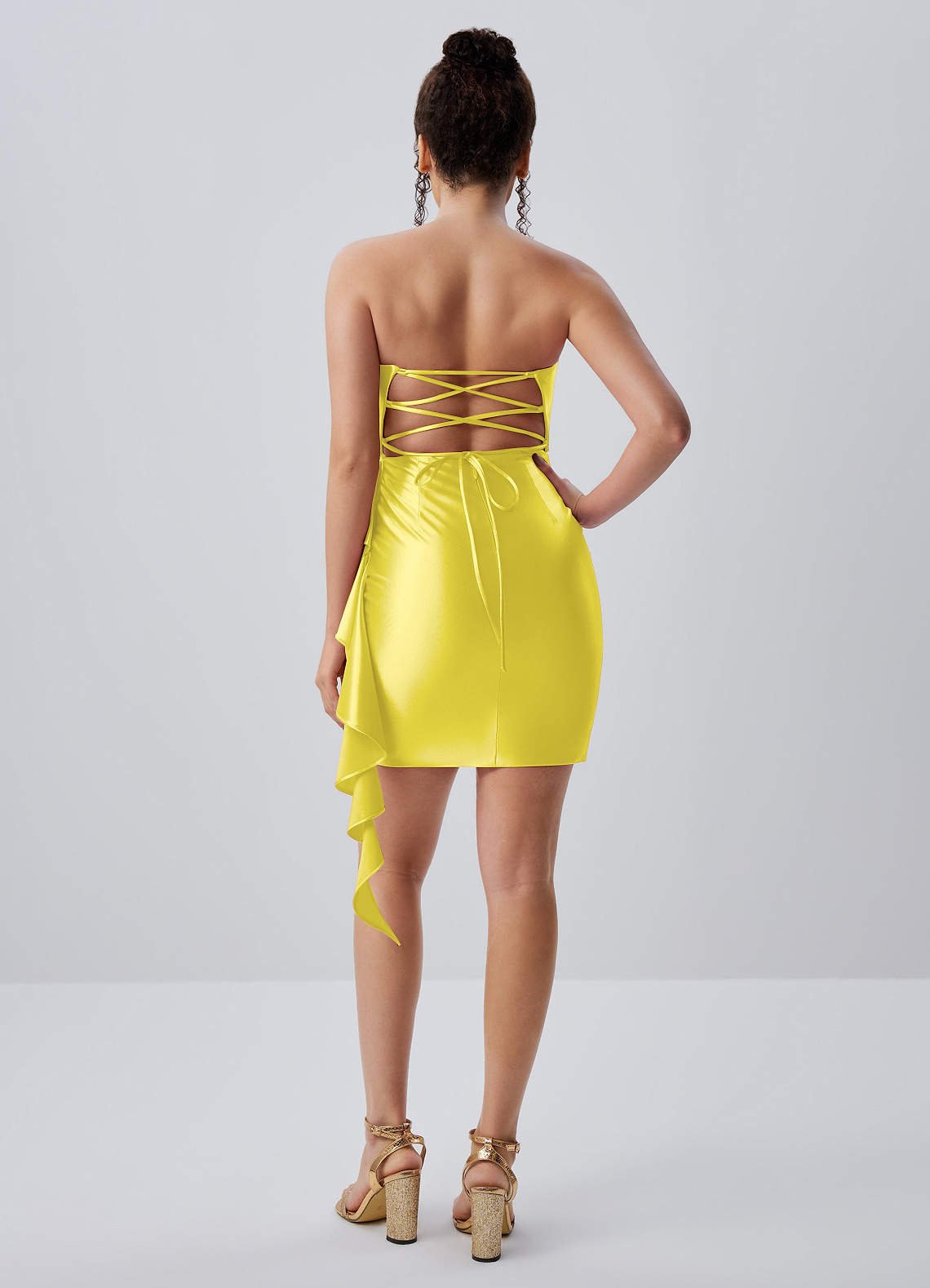 Jeannine Bodycon Mini Strapless Stretch Satin Prom Dress in Lemon Sorbet