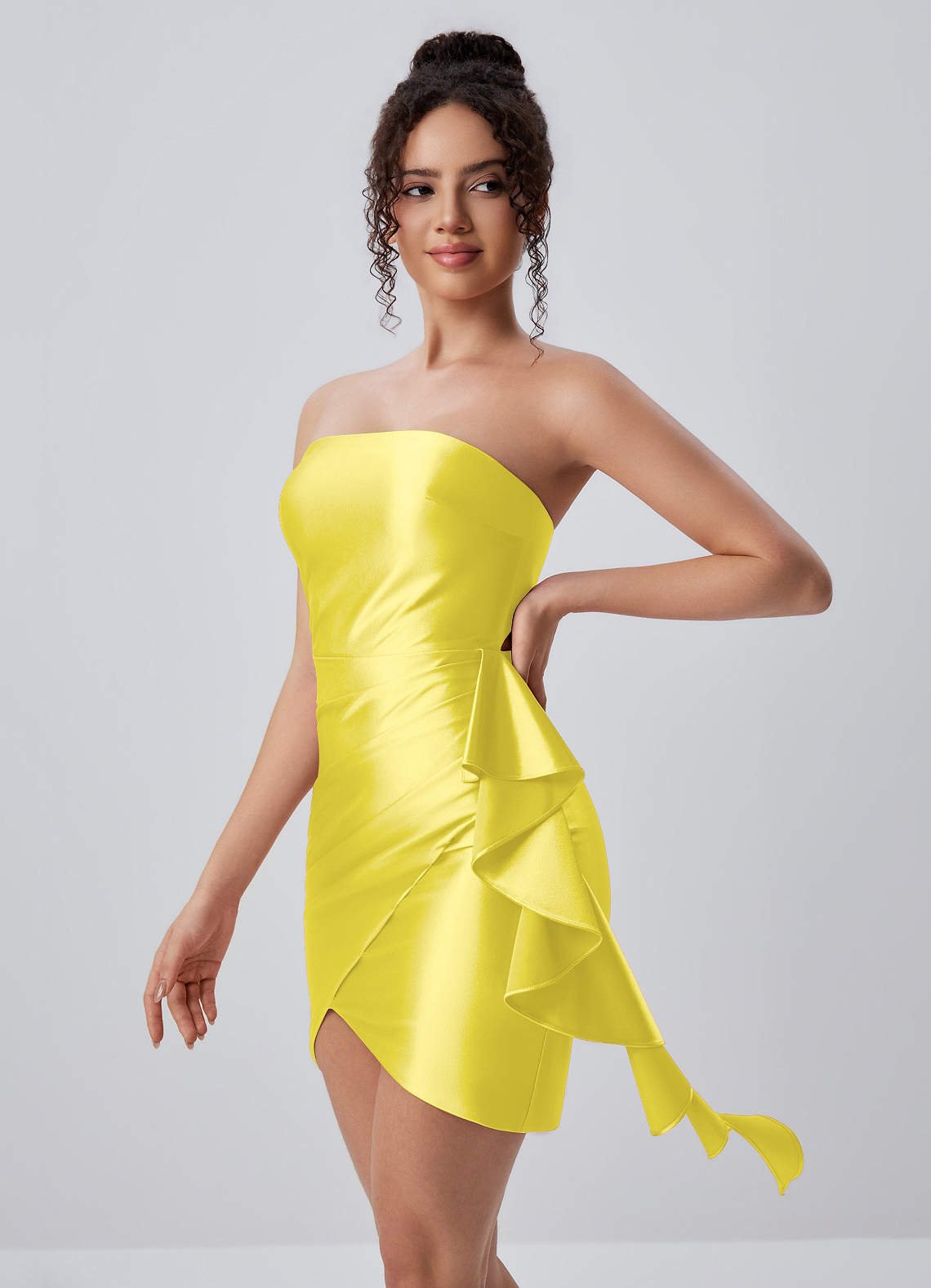 Jeannine Bodycon Mini Strapless Stretch Satin Prom Dress in Lemon Sorbet