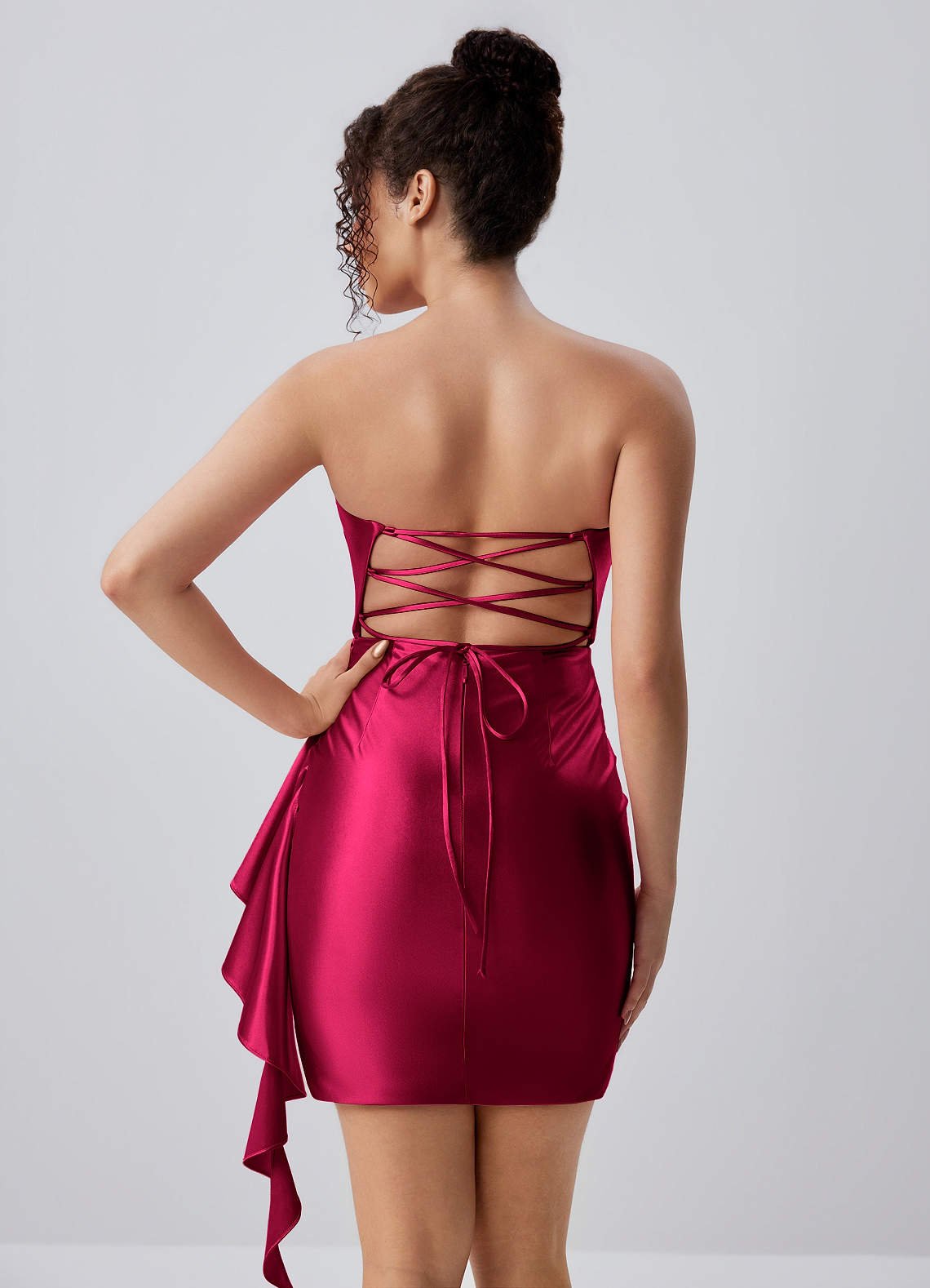 Jeannine Bodycon Mini Strapless Stretch Satin Prom Dress in Burgundy