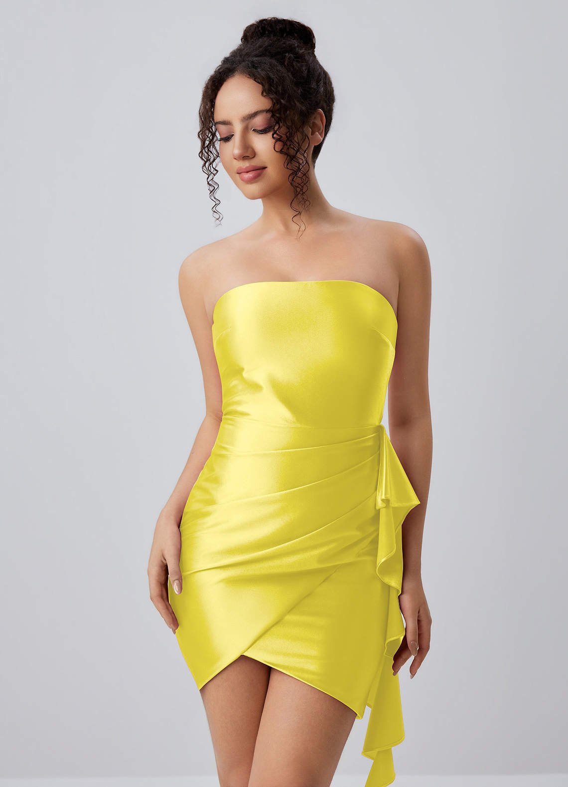 Jeannine Bodycon Mini Strapless Stretch Satin Prom Dress in Lemon Sorbet