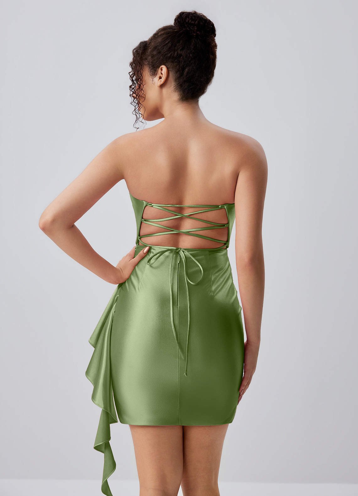 Jeannine Bodycon Mini Strapless Stretch Satin Prom Dress in Dusty Green