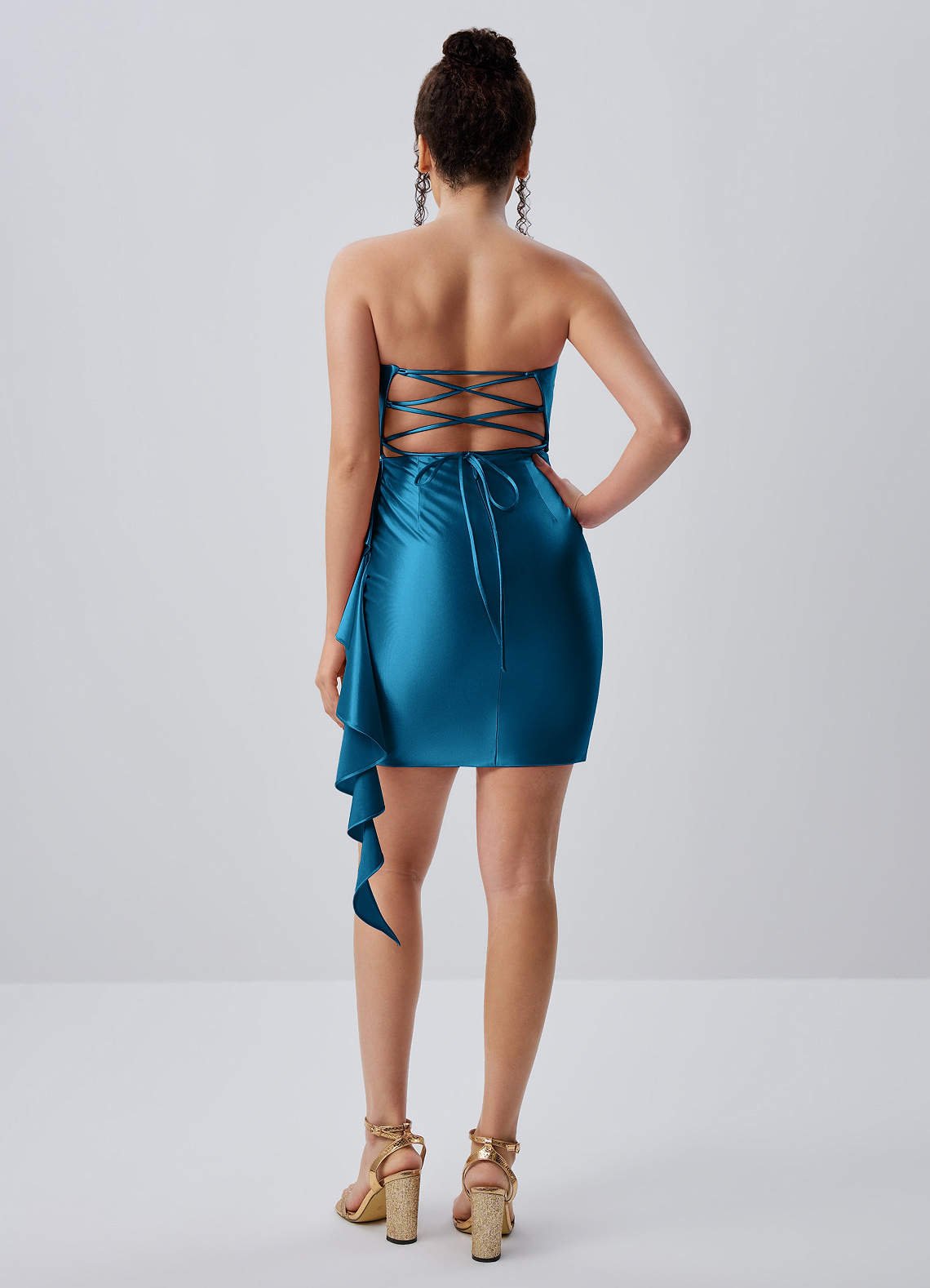 Jeannine Bodycon Mini Strapless Stretch Satin Prom Dress in Blue