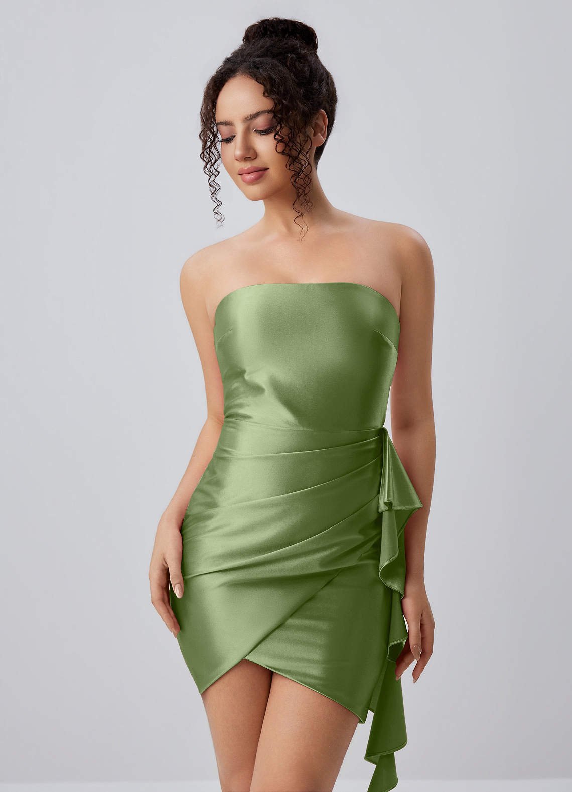 Jeannine Bodycon Mini Strapless Stretch Satin Prom Dress in Dusty Green