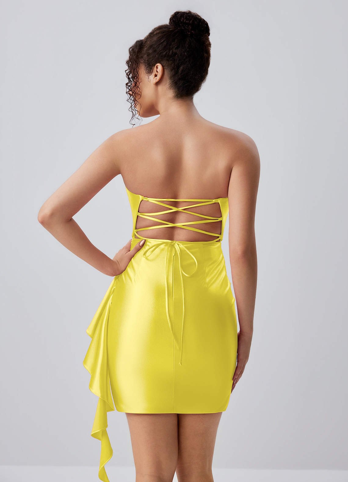 Jeannine Bodycon Mini Strapless Stretch Satin Prom Dress in Lemon Sorbet