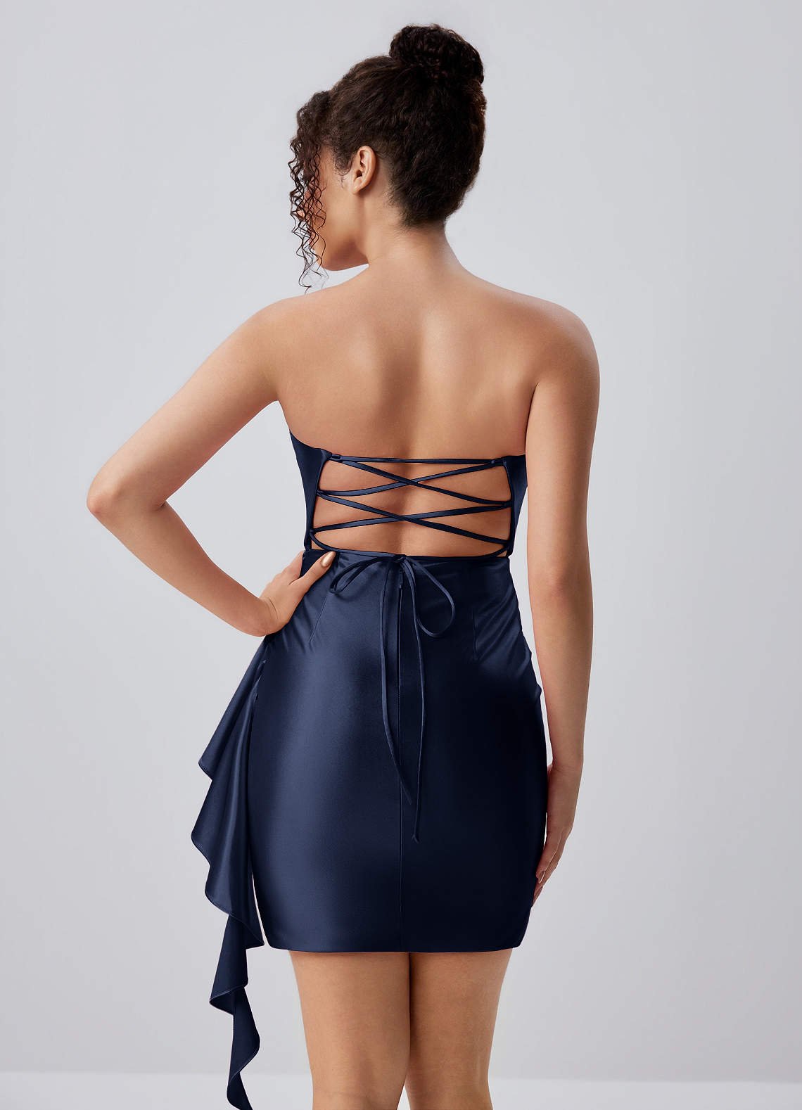 Jeannine Bodycon Mini Strapless Stretch Satin Prom Dress in Dark Navy