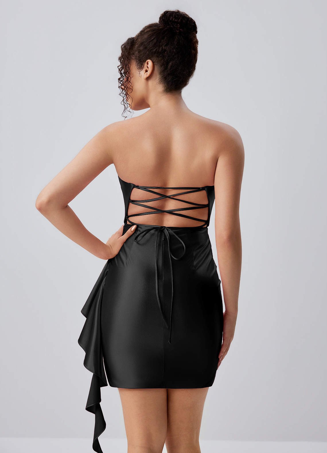 Jeannine Bodycon Mini Strapless Stretch Satin Prom Dress in black