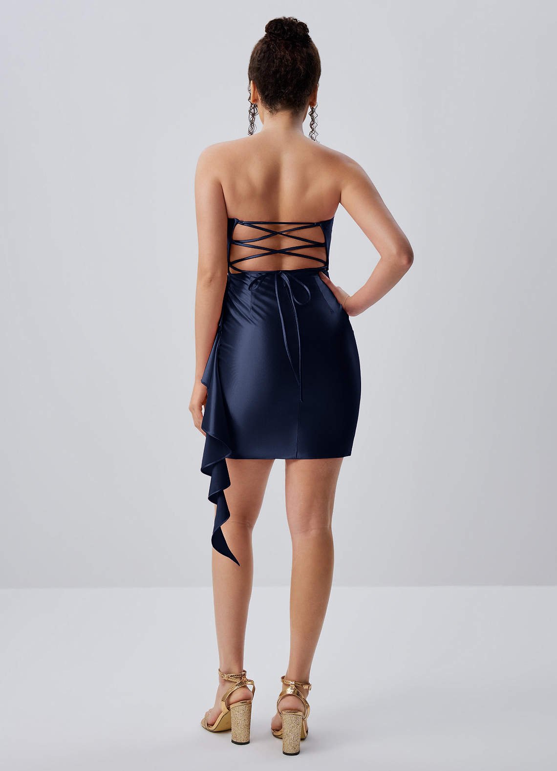 Jeannine Bodycon Mini Strapless Stretch Satin Prom Dress in Dark Navy