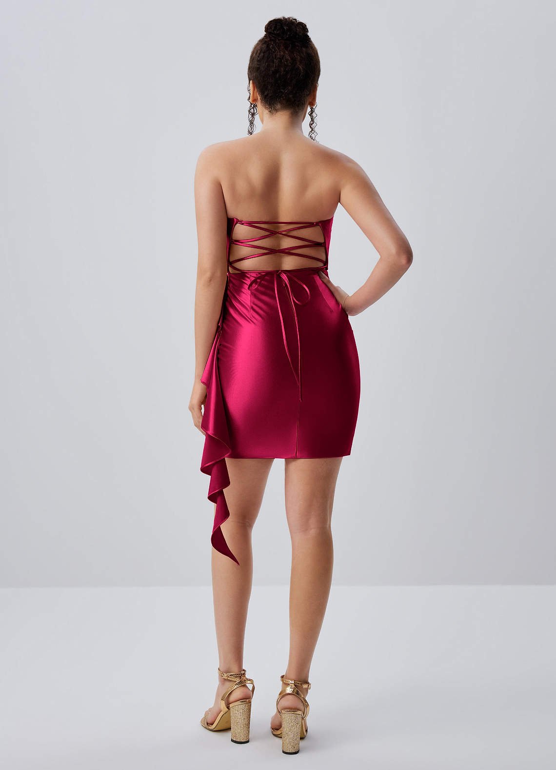 Jeannine Bodycon Mini Strapless Stretch Satin Prom Dress in Burgundy