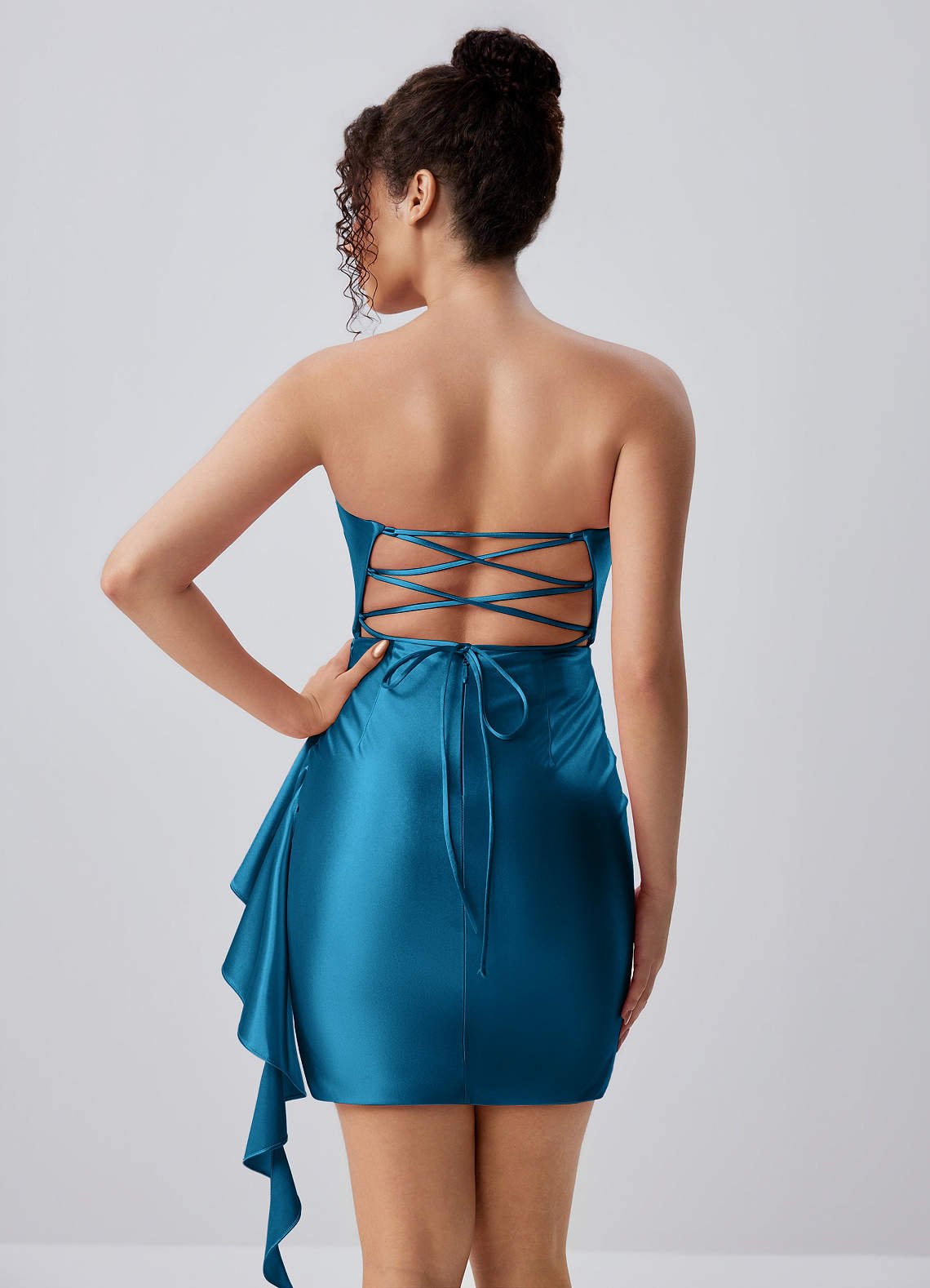 Jeannine Bodycon Mini Strapless Stretch Satin Prom Dress in Blue