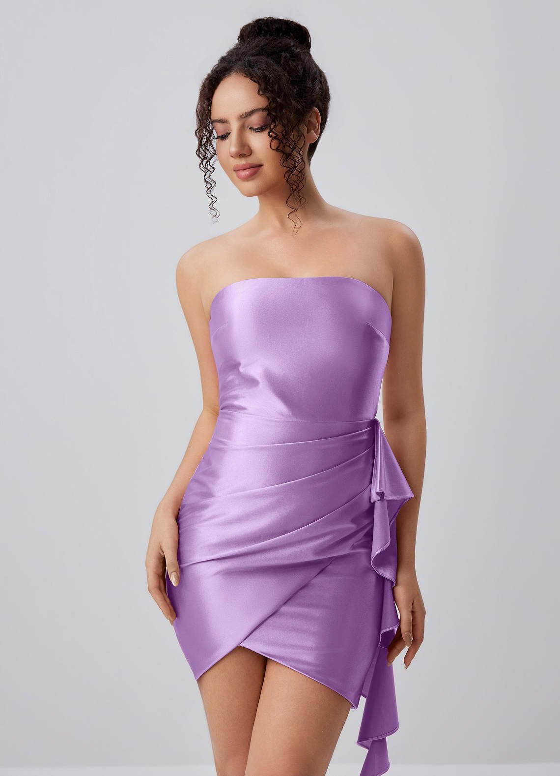 Jeannine Bodycon Mini Strapless Stretch Satin Prom Dress in Wisteria
