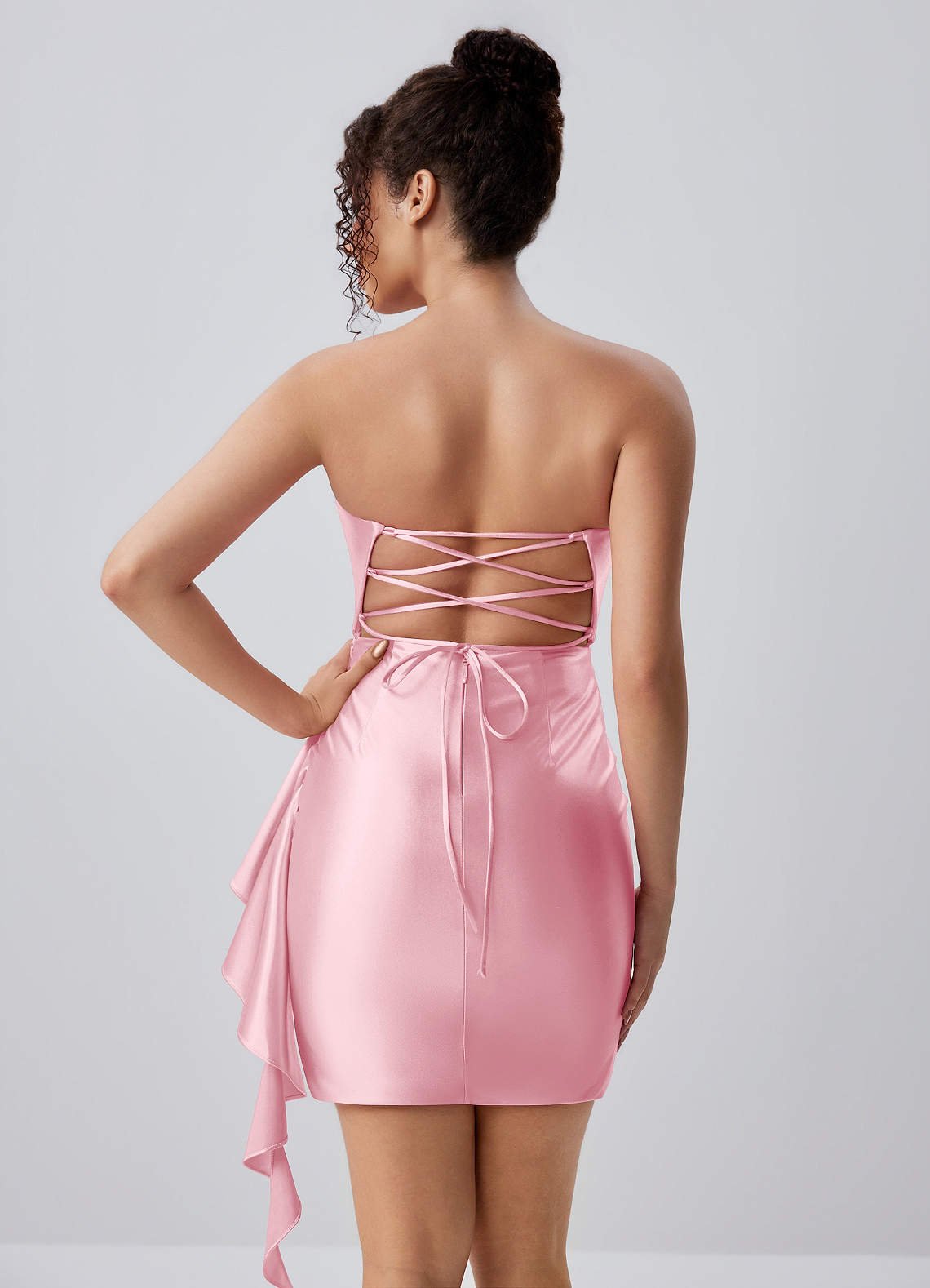 Jeannine Bodycon Mini Strapless Stretch Satin Prom Dress in Blushing Pink