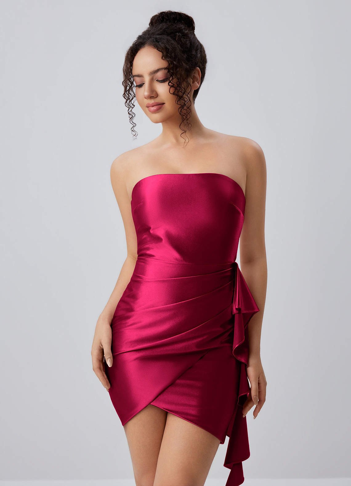 Jeannine Bodycon Mini Strapless Stretch Satin Prom Dress in Burgundy