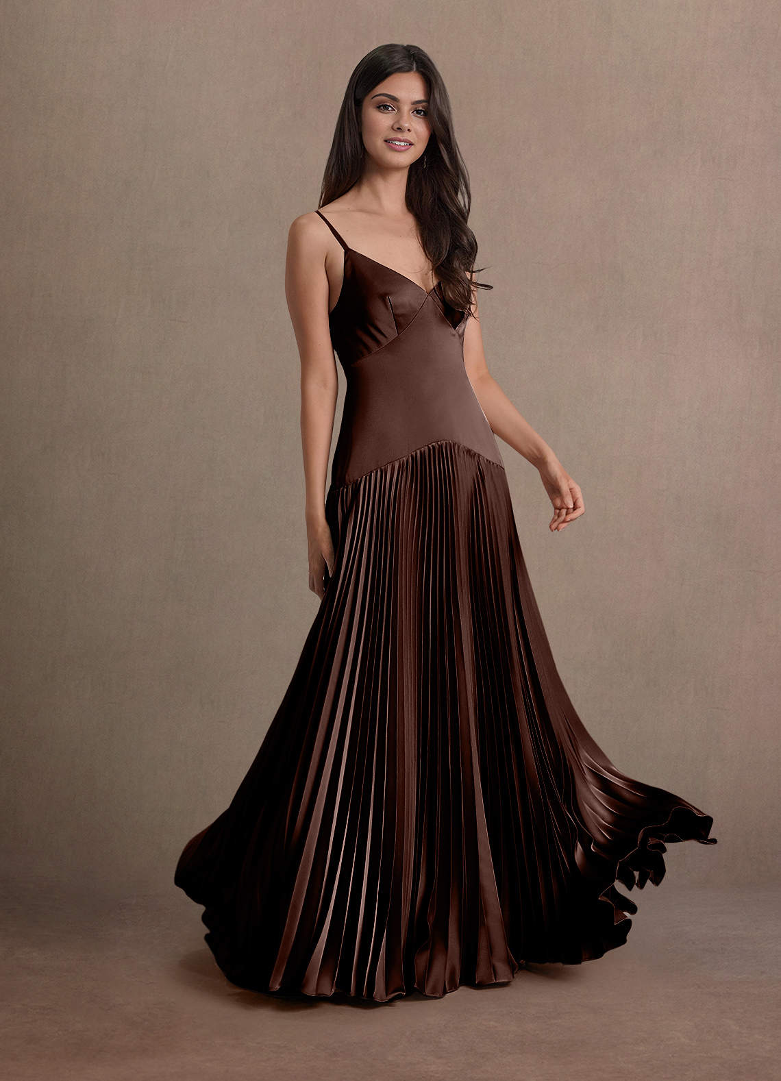 Jill A-Line Drop-Waist Stretch Satin Wedding Guest Dress in Mocha Coco