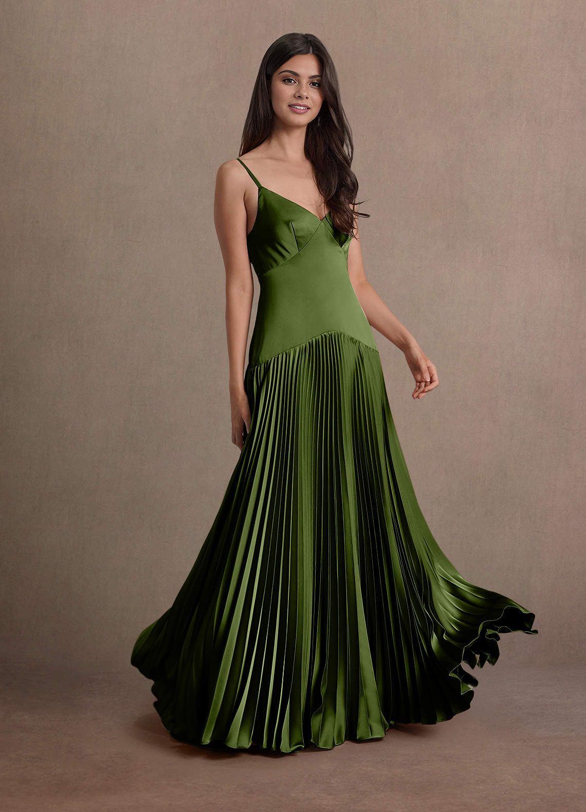 Jill A-Line Drop-Waist Stretch Satin Wedding Guest Dress in Olive Green