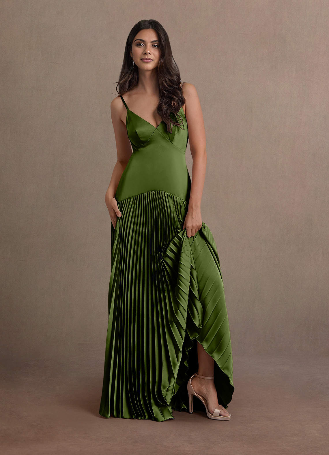 Jill A-Line Drop-Waist Stretch Satin Wedding Guest Dress in Olive Green