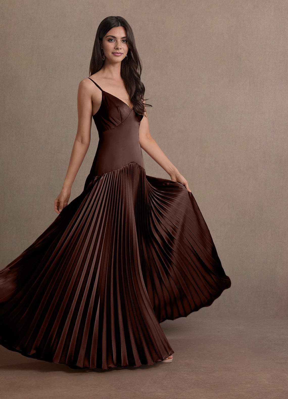 Jill A-Line Drop-Waist Stretch Satin Wedding Guest Dress in Mocha Coco