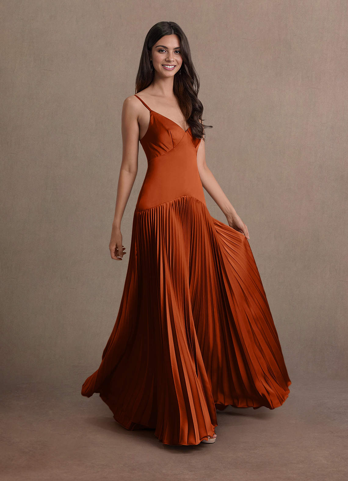 Jill A-Line Drop-Waist Stretch Satin Wedding Guest Dress in Rust