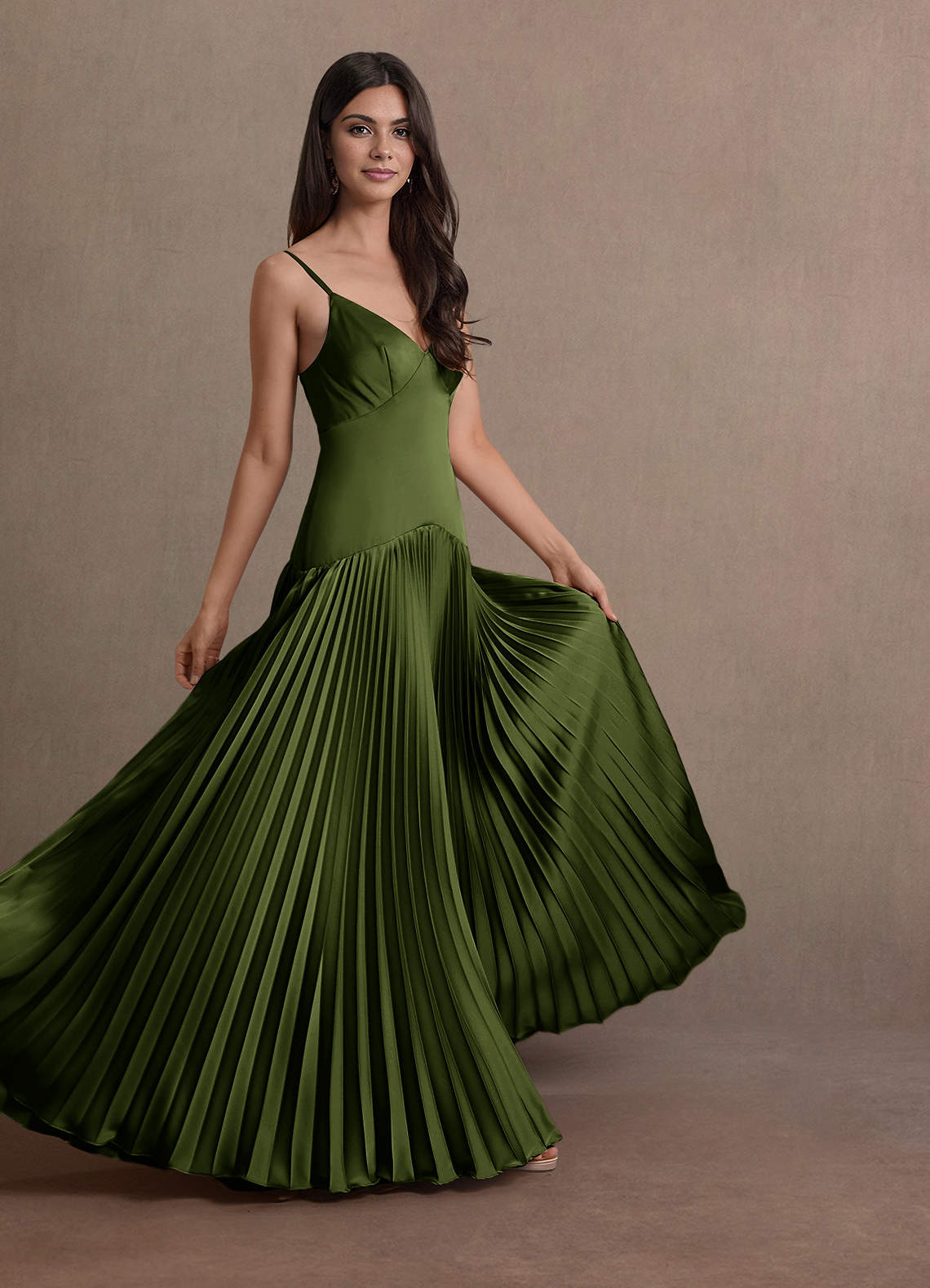 Jill A-Line Drop-Waist Stretch Satin Wedding Guest Dress in Olive
