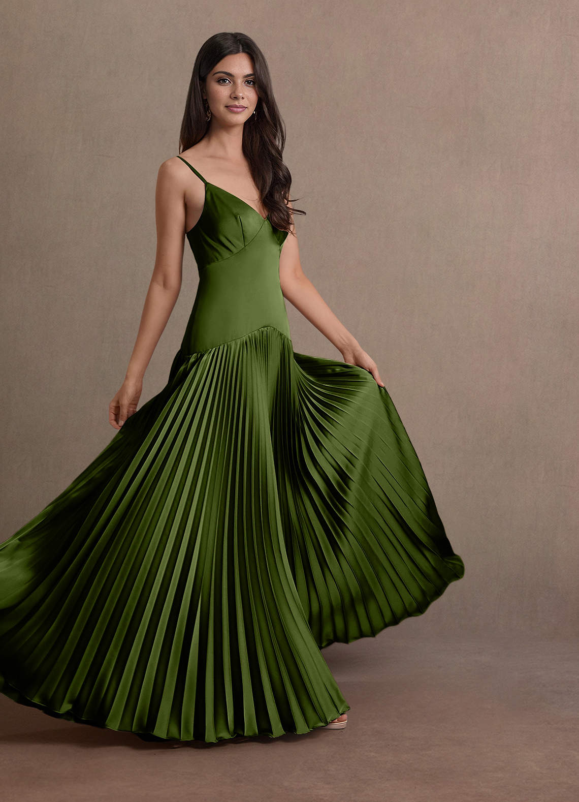 Jill A-Line Drop-Waist Stretch Satin Wedding Guest Dress in Olive Green