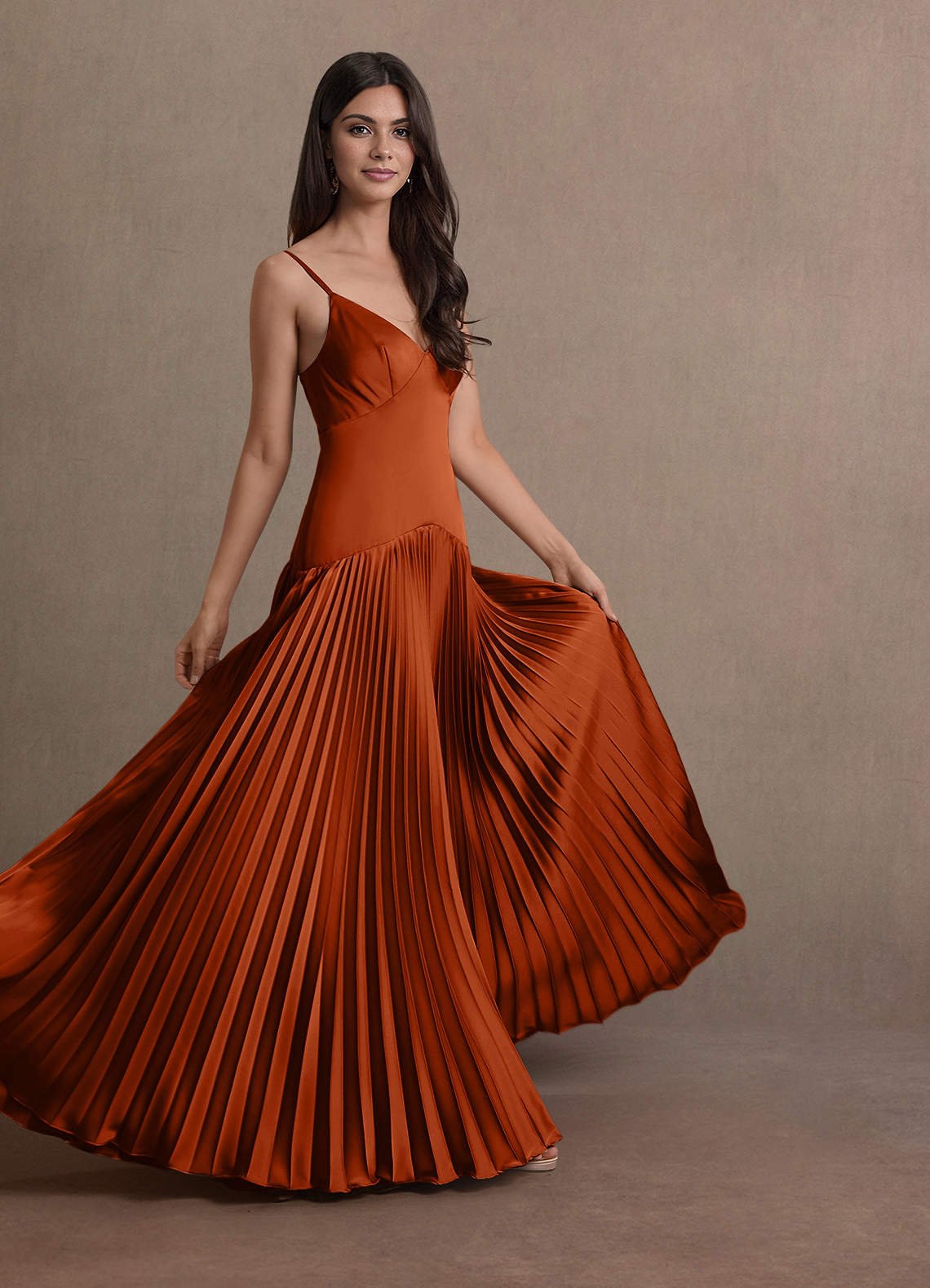 Jill A-Line Drop-Waist Stretch Satin Wedding Guest Dress in Rust