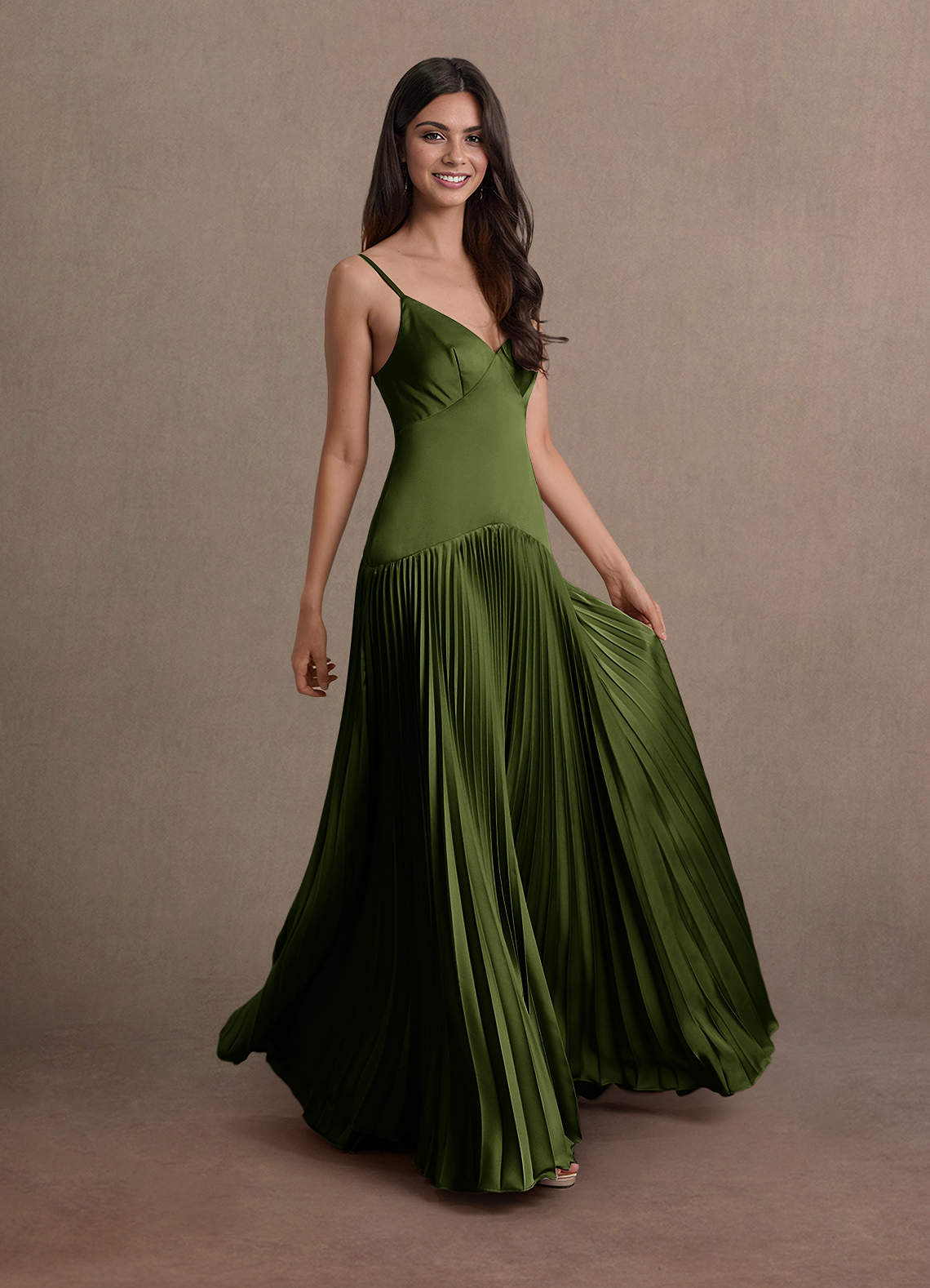 Jill A-Line Drop-Waist Stretch Satin Wedding Guest Dress in Olive