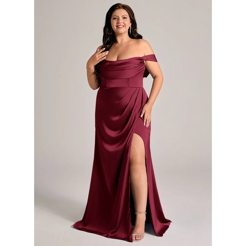 Johana Mermaid Off-the-Shoulder Stretch Satin Bridesmaid Dress in Burgundy - additional view 19