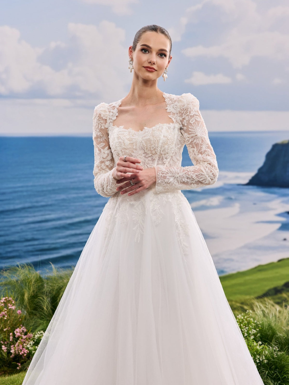 Jorina white A-Line wedding dress, detail and alternate angle