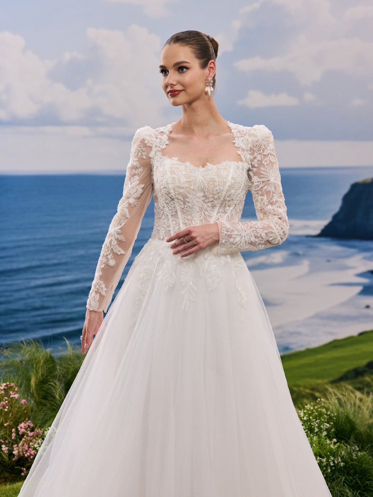 Jorina white A-Line wedding dress, detail and alternate angle