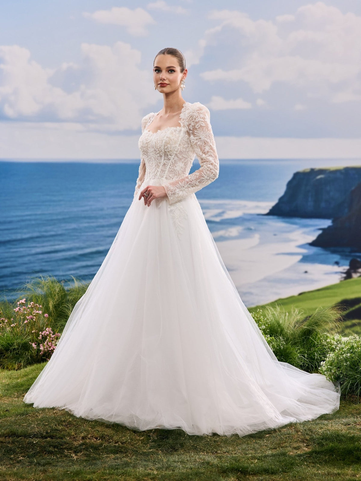 Jorina white A-Line wedding dress, detail and alternate angle