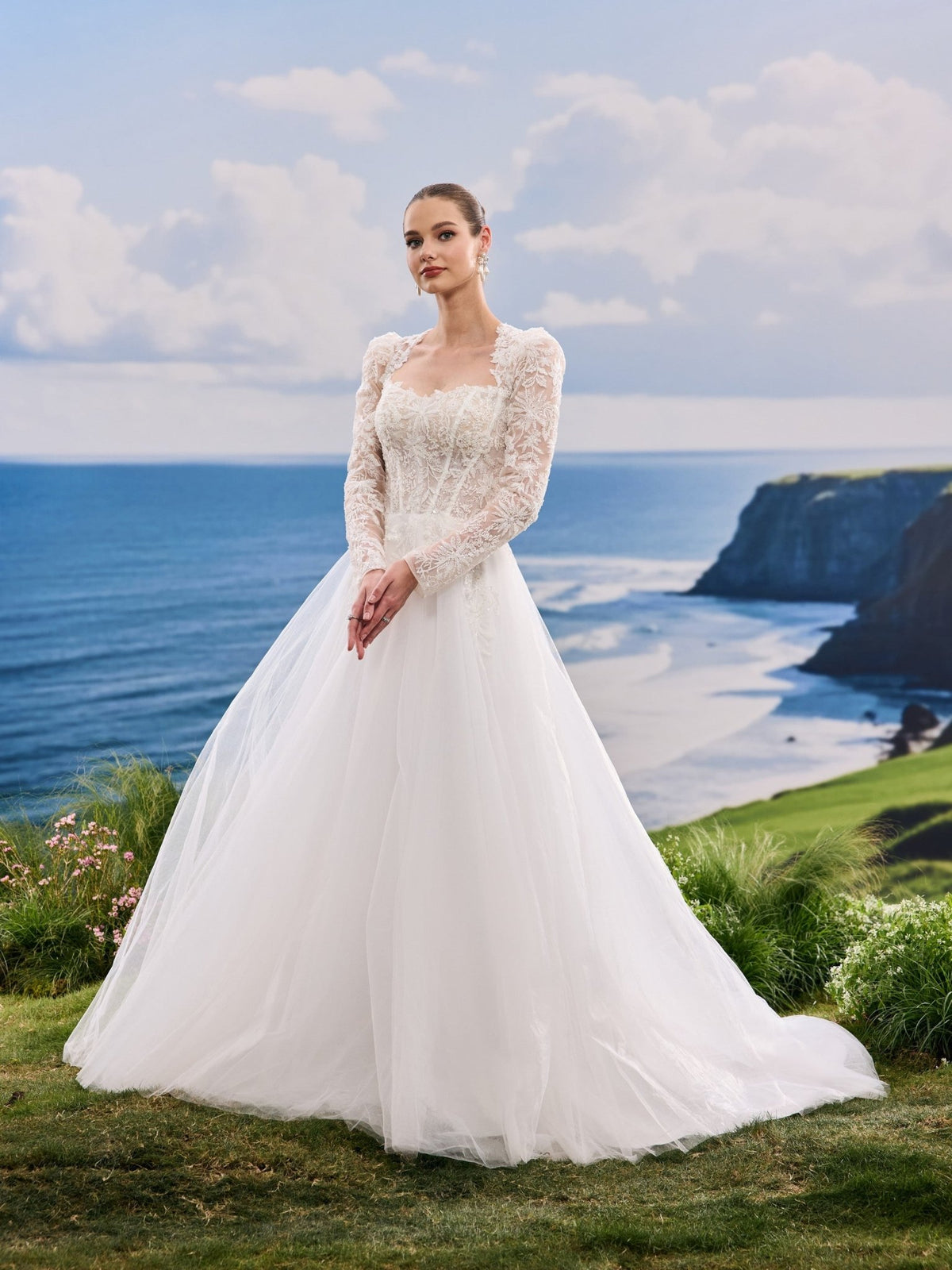 Jorina white A-Line wedding dress, detail and alternate angle