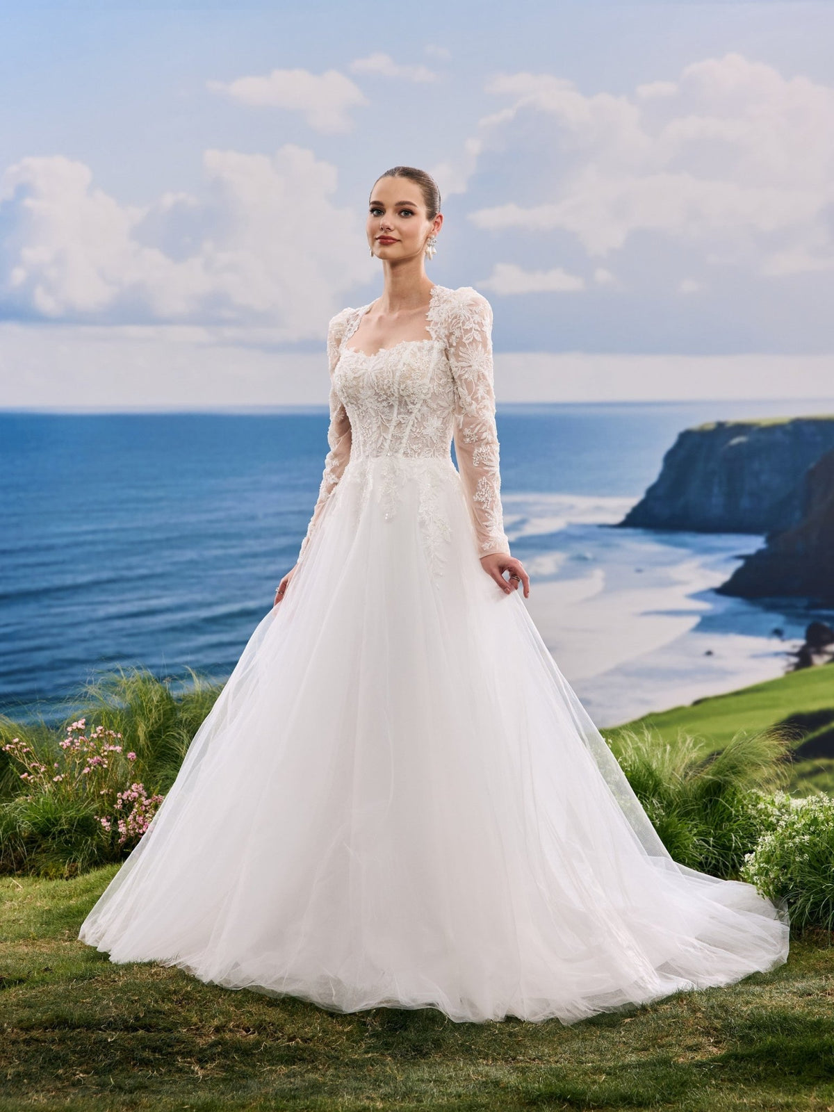 Jorina white A-Line wedding dress, detail and alternate angle