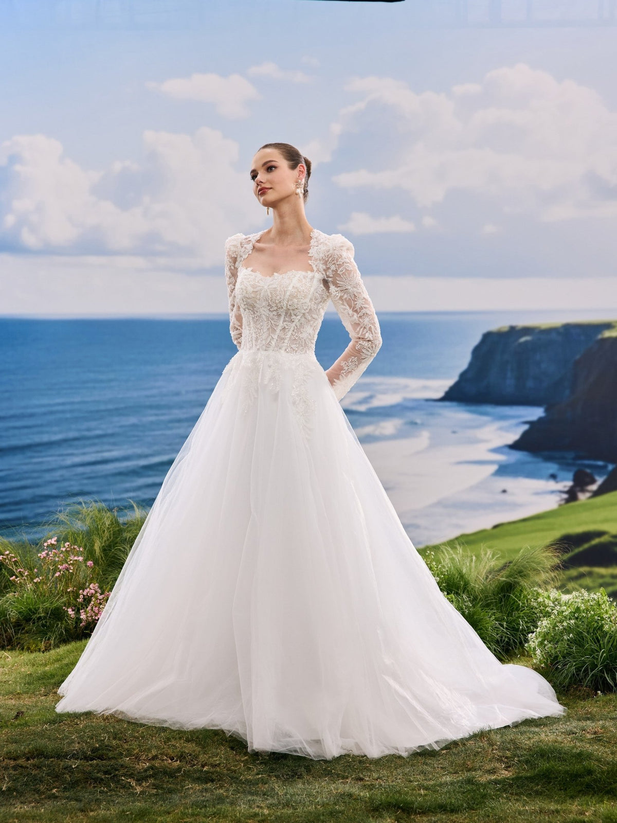 Jorina white A-Line wedding dress, detail and alternate angle