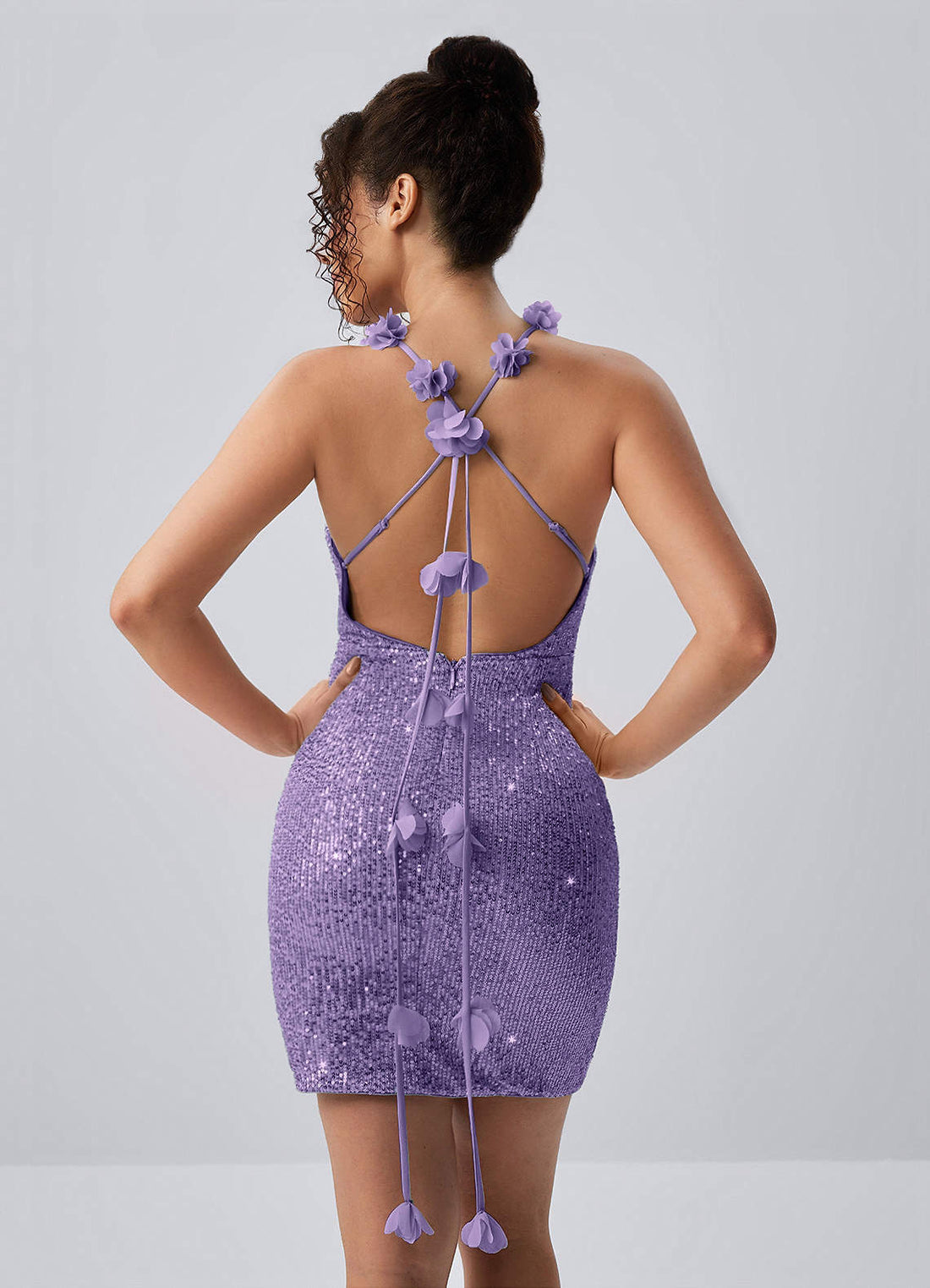 Josephine Bodycon Mini V-Neck Sequined Stretch Mesh Prom Dress in Lilac