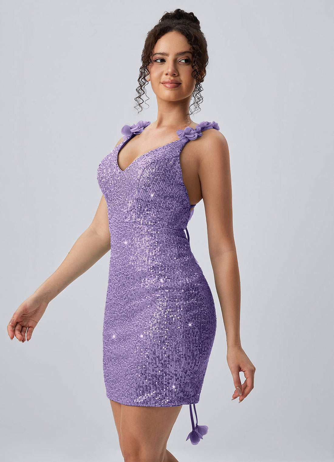 Josephine Bodycon Mini V-Neck Sequined Stretch Mesh Prom Dress in Lilac