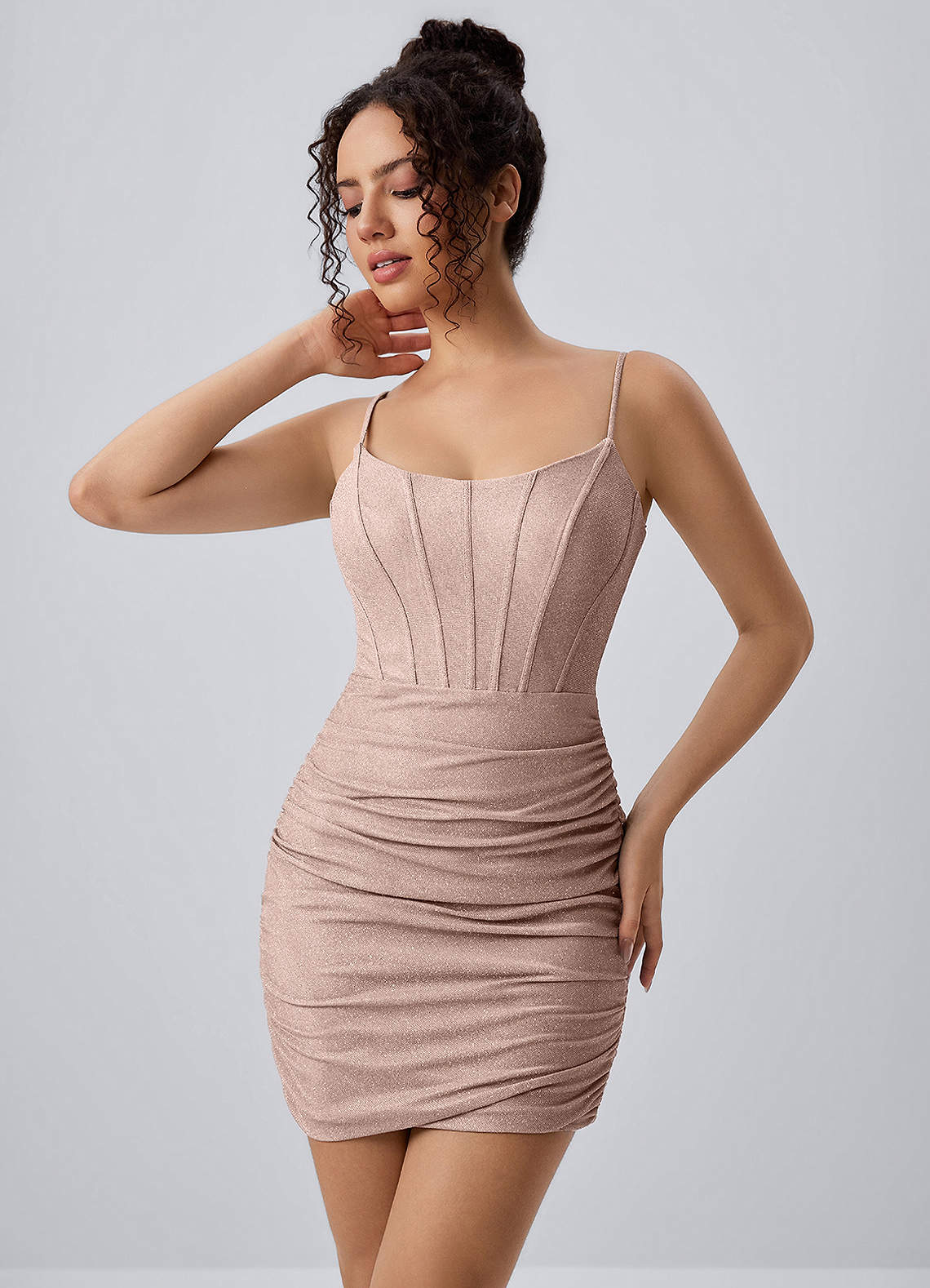 Josette Bodycon Mini Corset Glitter Knit Prom Dress in champagne