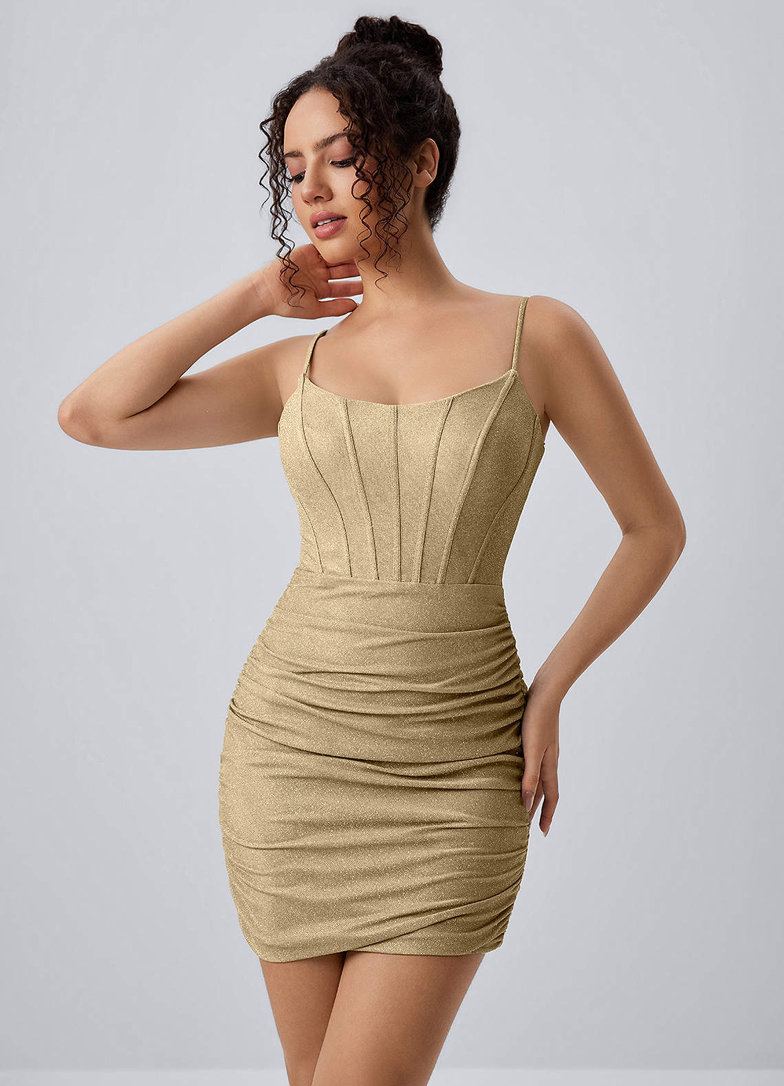 Josette Bodycon Mini Corset Glitter Knit Prom Dress in Gold