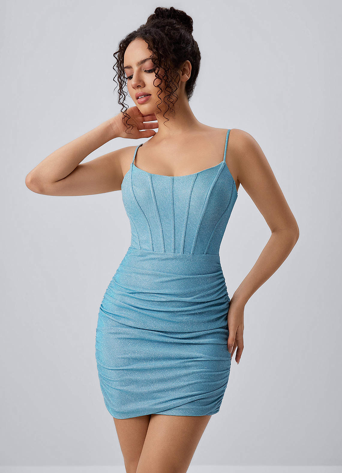 Josette Bodycon Mini Corset Glitter Knit Prom Dress in Sky Blue