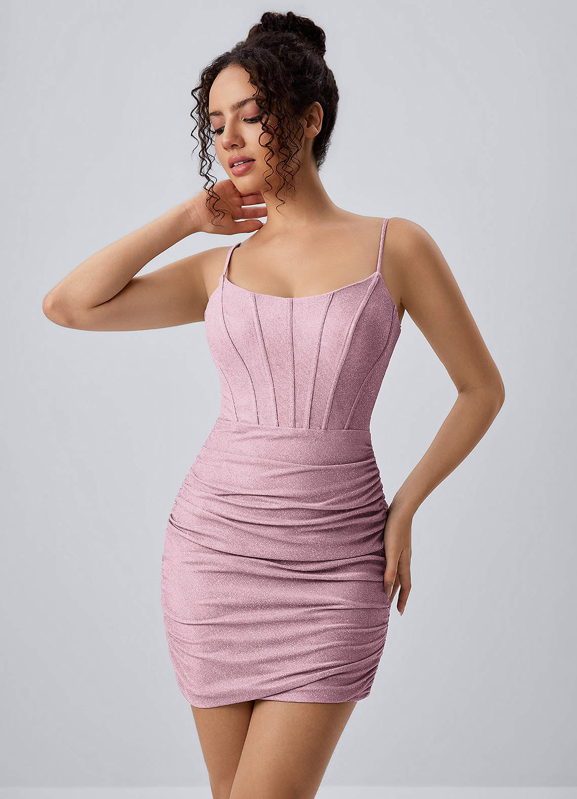 Josette Bodycon Mini Corset Glitter Knit Prom Dress in pink