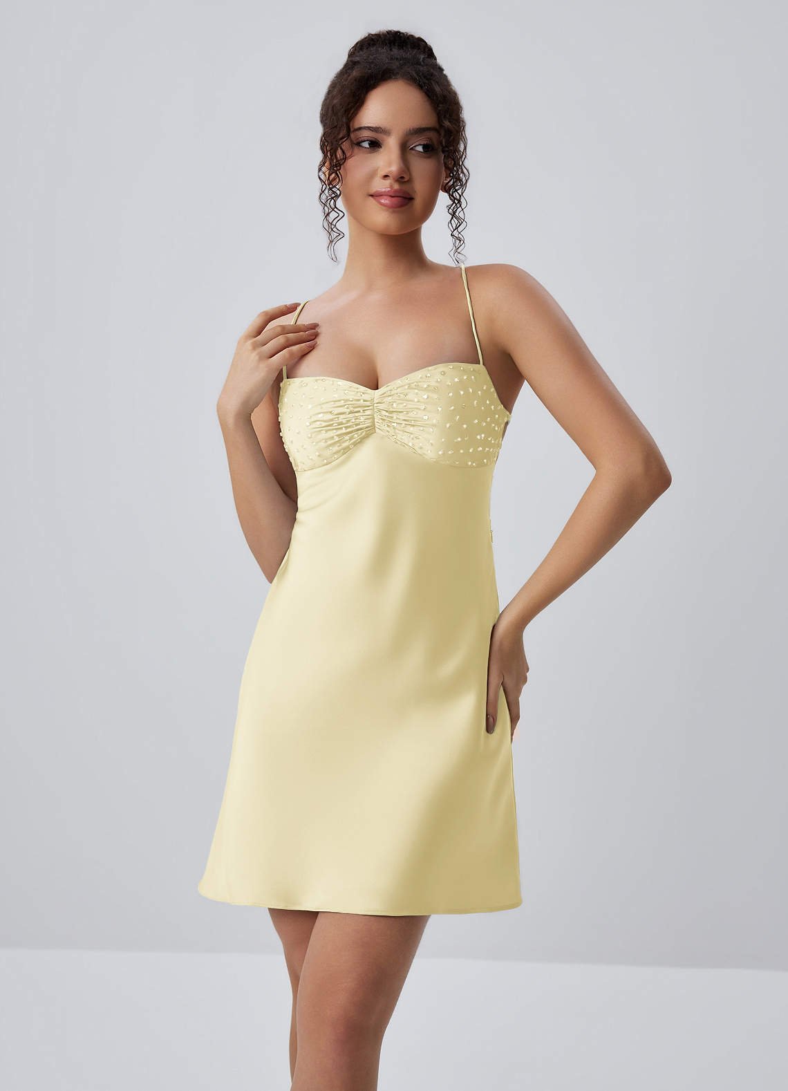 Joviannelle A-Line Spaghetti-Strap Satin Prom Dress in Lemon Sorbet