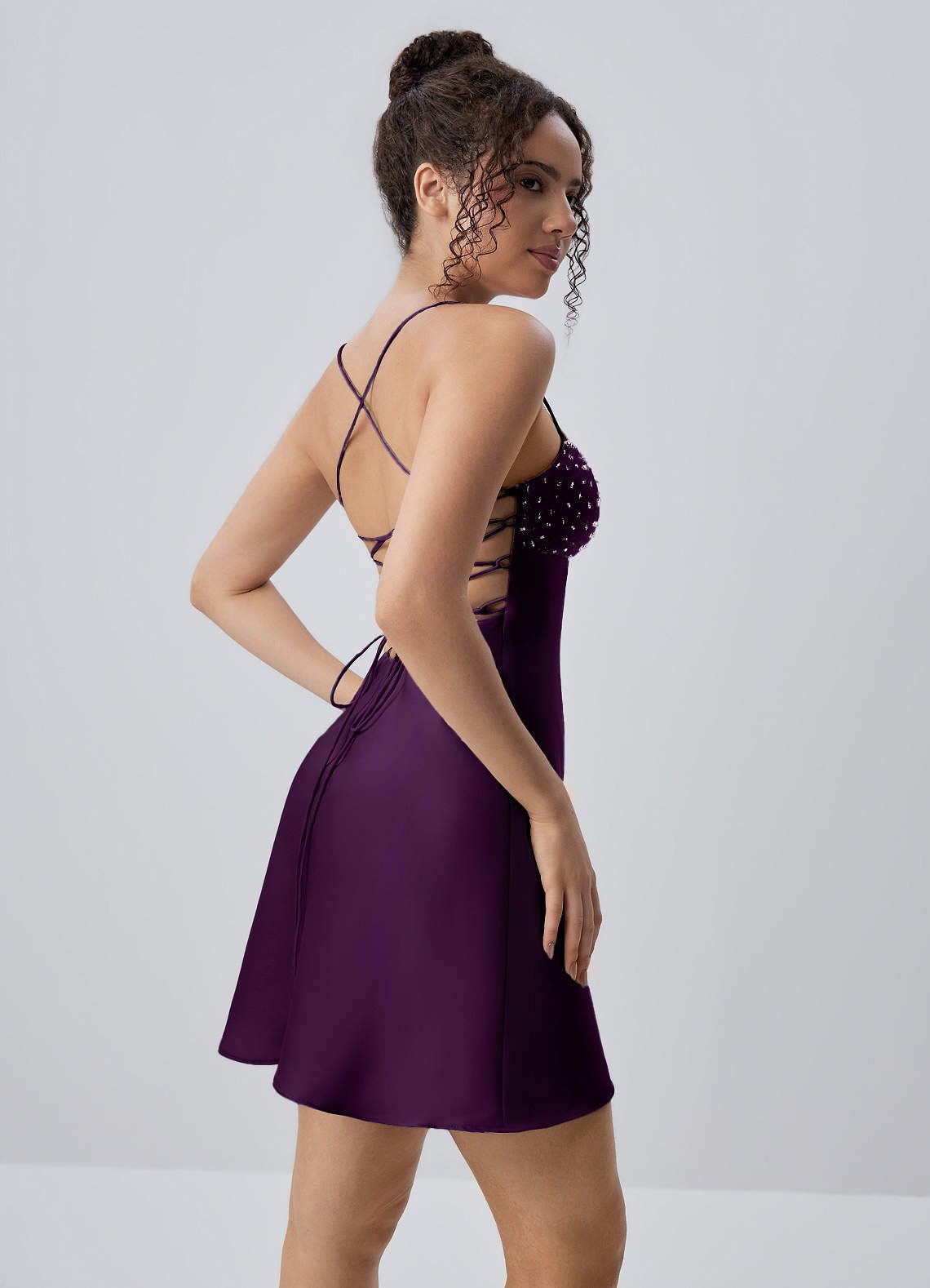 Joviannelle A-Line Spaghetti-Strap Satin Prom Dress in Grape