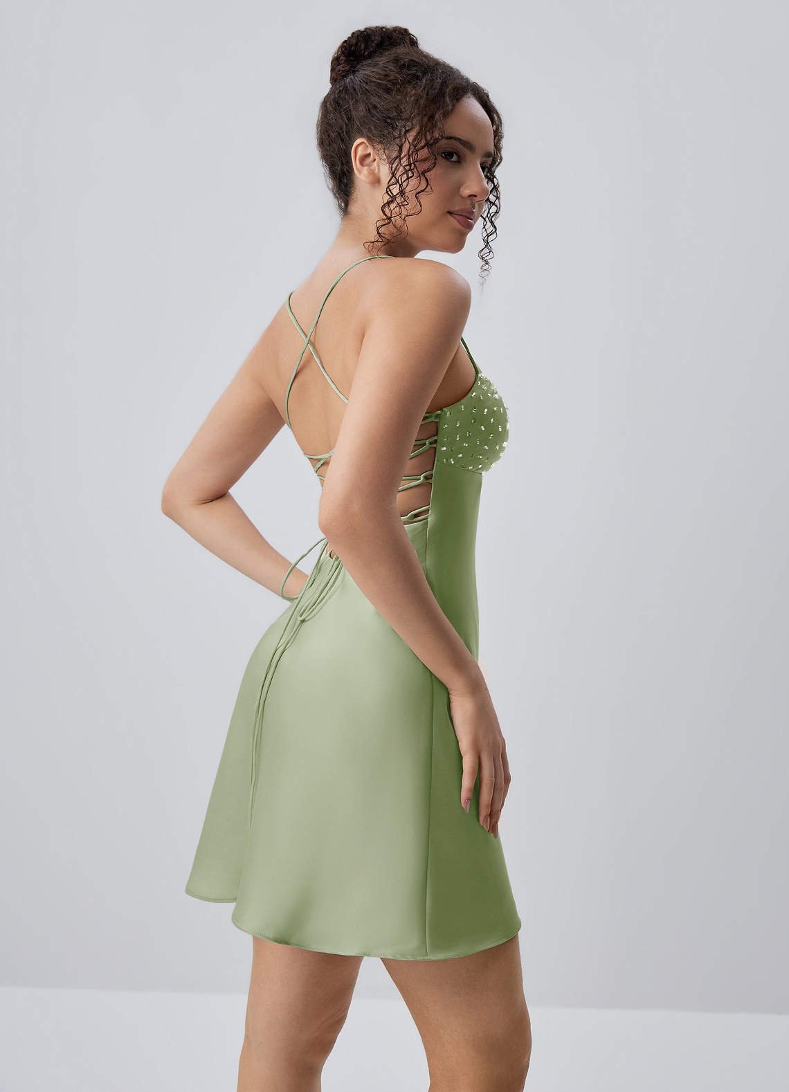 Joviannelle A-Line Spaghetti-Strap Satin Prom Dress in Light Green