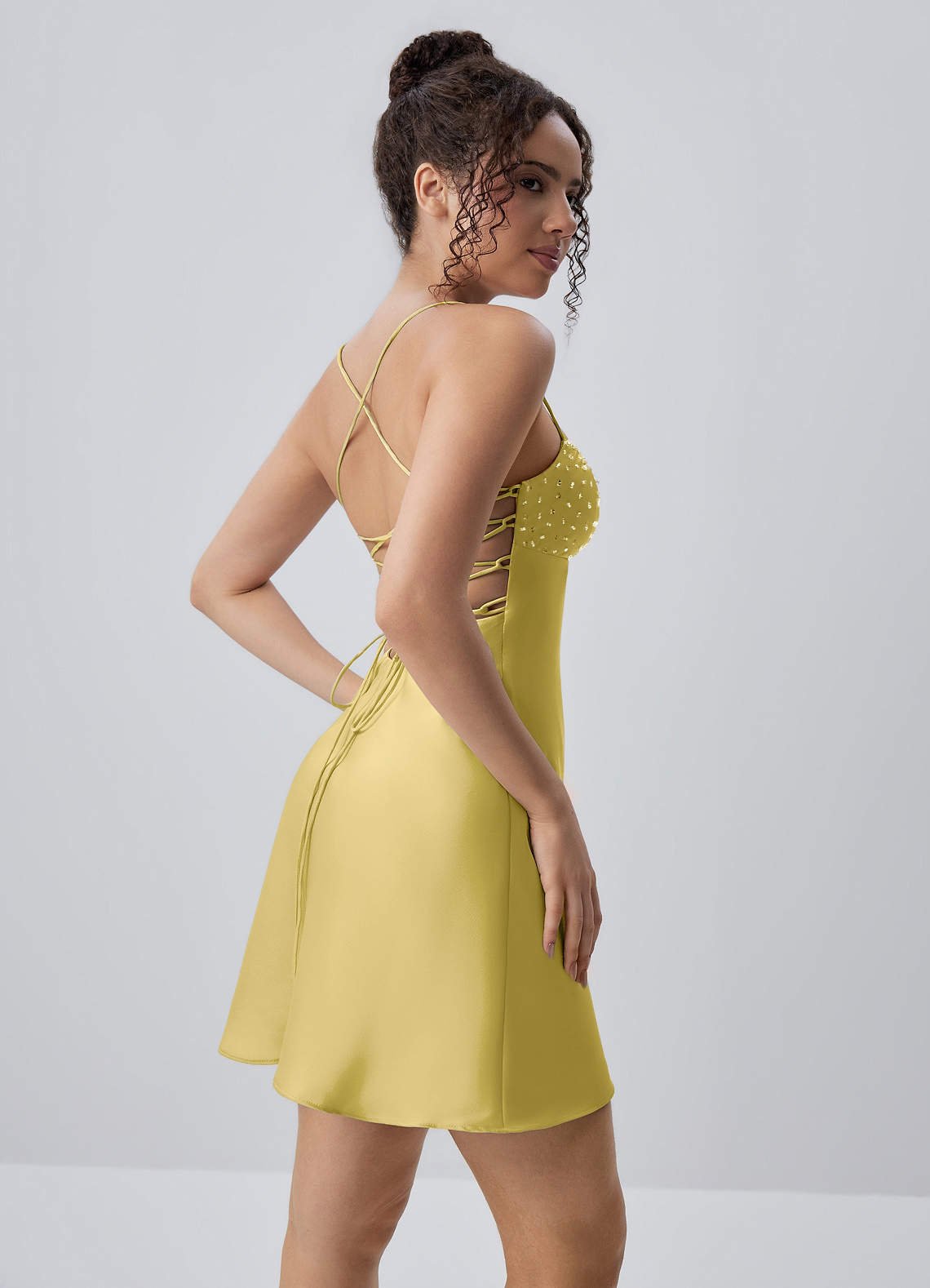 Joviannelle A-Line Spaghetti-Strap Satin Prom Dress in Pastel Yellow