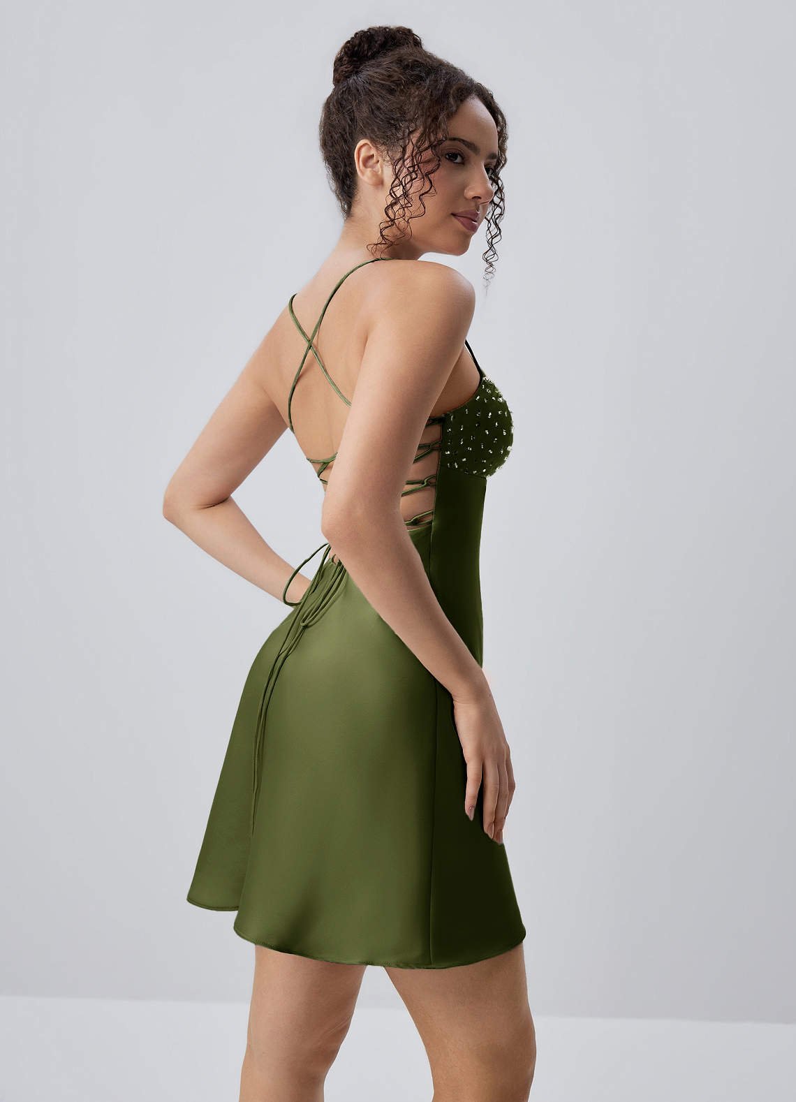 Joviannelle A-Line Spaghetti-Strap Satin Prom Dress in Olive