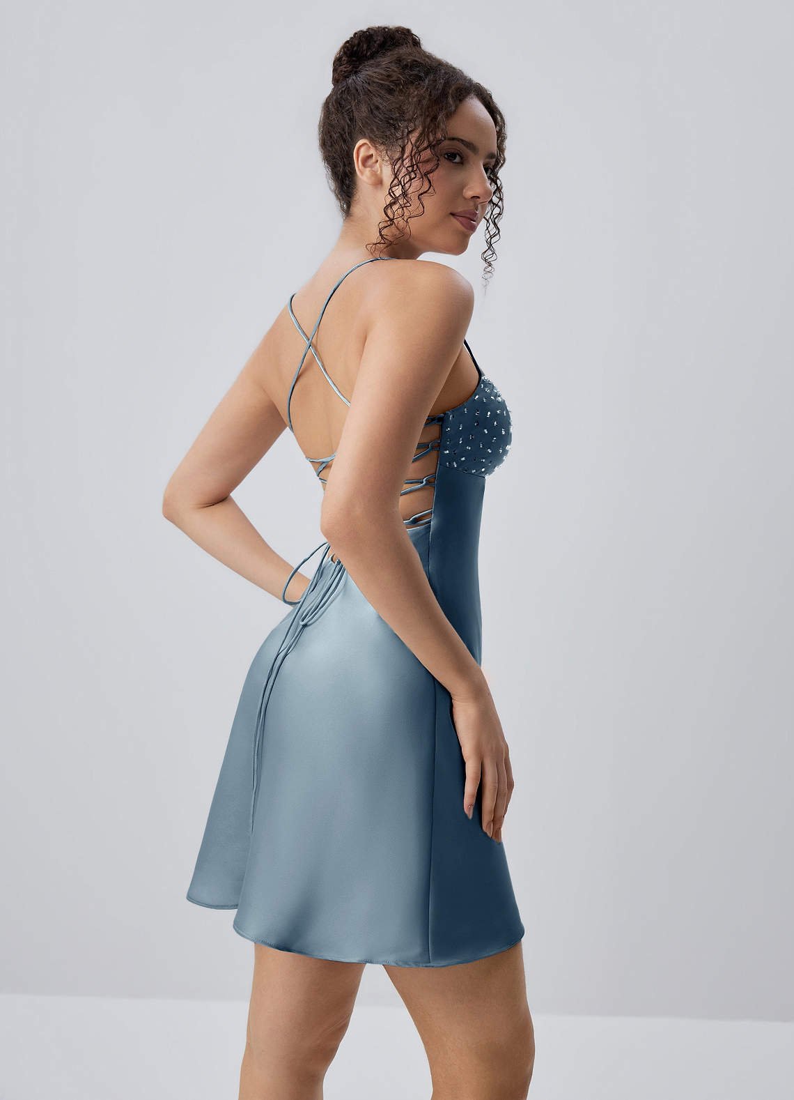 Joviannelle A-Line Spaghetti-Strap Satin Prom Dress in Powder Blue