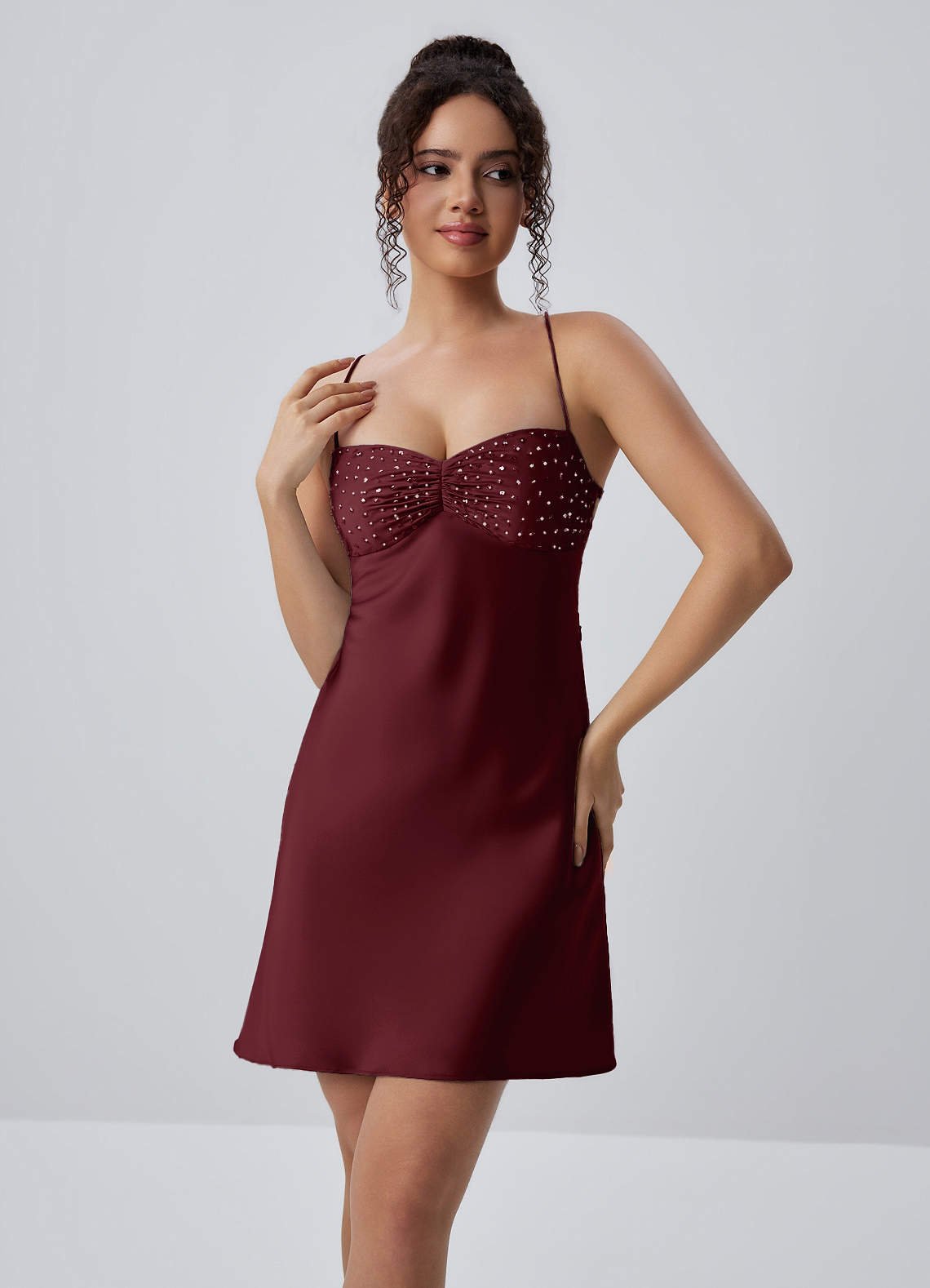 Joviannelle A-Line Spaghetti-Strap Satin Prom Dress in Wine