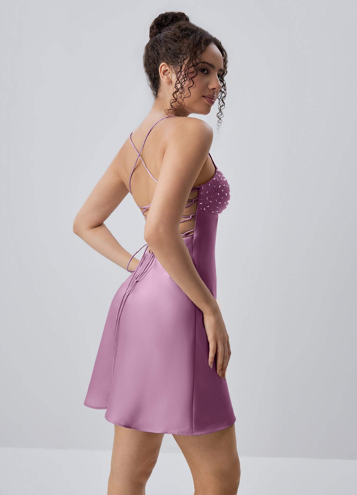 Joviannelle A-Line Spaghetti-Strap Satin Prom Dress in Wisteria