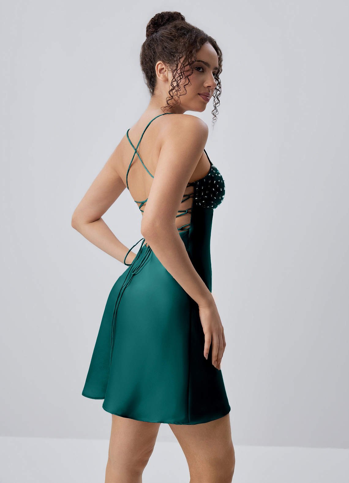 Joviannelle A-Line Spaghetti-Strap Satin Prom Dress in Peacock