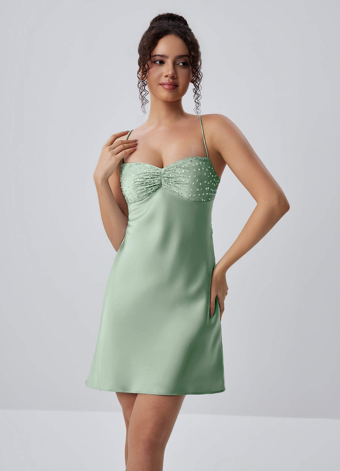Joviannelle A-Line Spaghetti-Strap Satin Prom Dress in Agave Green