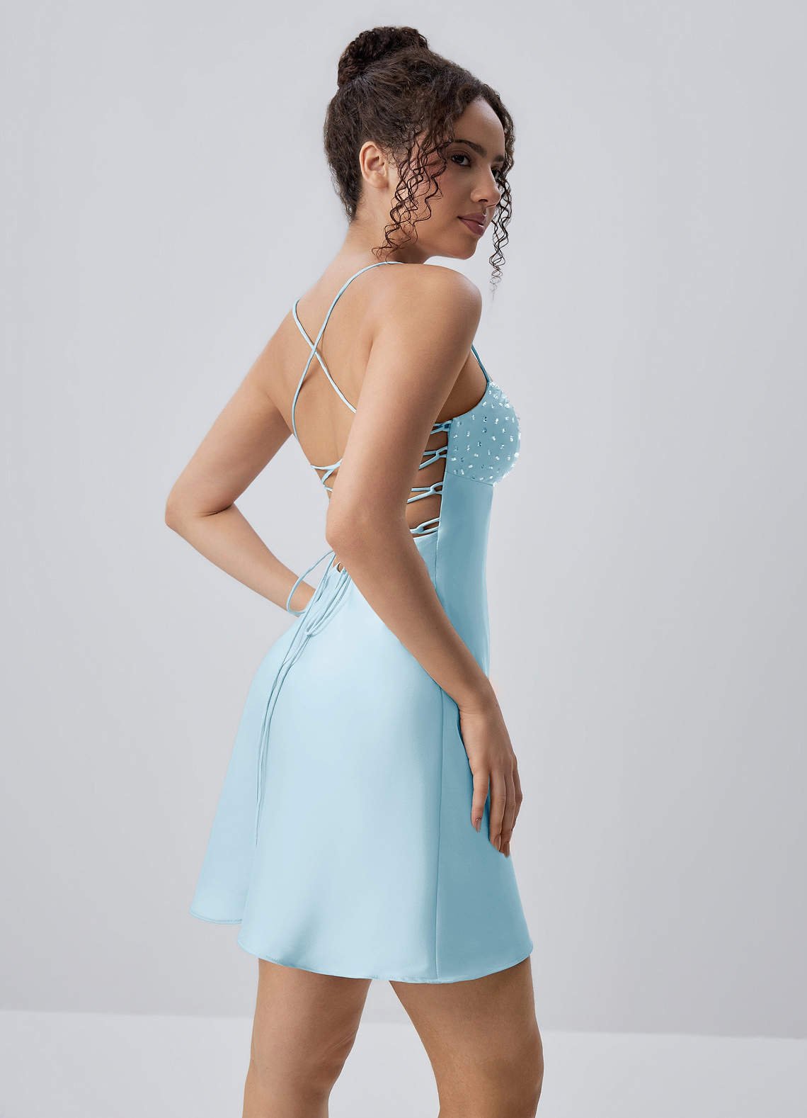 Joviannelle A-Line Spaghetti-Strap Satin Prom Dress in Sky Blue